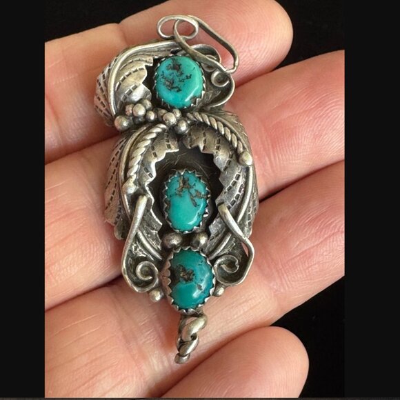 Vintage Sterling Silver Pendant w/3 Natural Turquoise Stones Marked RN 925 - Picture 2 of 3